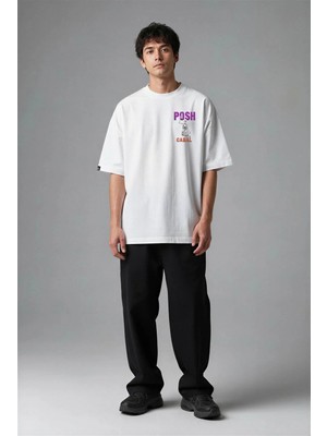Posh Cabal G02077 Baskılı Oversize Beyaz Erkek T-Shirt
