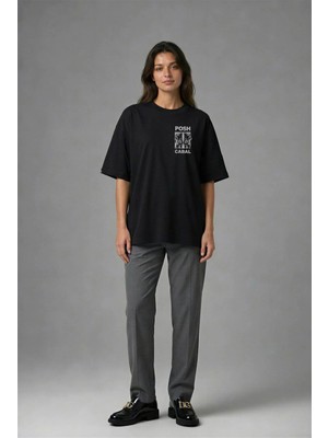 Posh Cabal G01082 Baskılı Oversize Siyah Kadın T-Shirt
