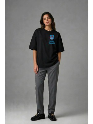 Posh Cabal G02059 Baskılı Oversize Siyah Kadın T-Shirt