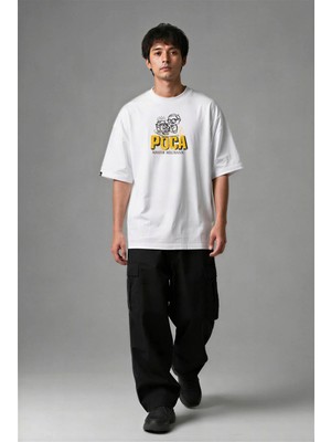 Posh Cabal F03018 Baskılı Oversize Beyaz Erkek T-Shirt