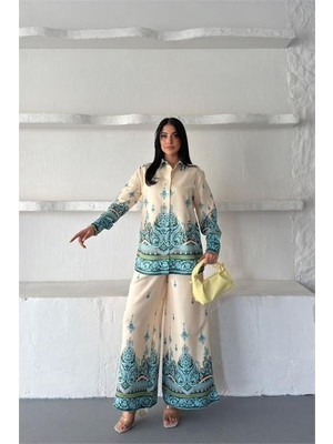 Neşeli Butik Kadın Bej Ithal Kumaş Desenli Gömlek Pantolon Ikili Tasarım Takım NBMS2687