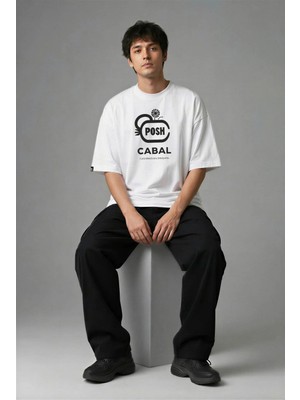 Posh Cabal F03045 Baskılı Oversize Beyaz Erkek T-Shirt