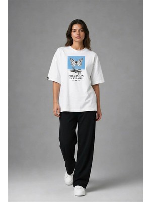 Posh Cabal F03133 Baskılı Oversize Beyaz Kadın T-Shirt