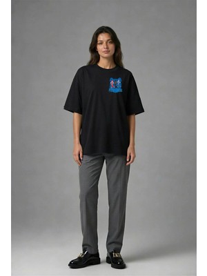 Posh Cabal G02062 Baskılı Oversize Siyah Kadın T-Shirt