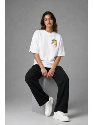 Posh Cabal G03030 Baskılı Oversize Beyaz Kadın T-Shirt