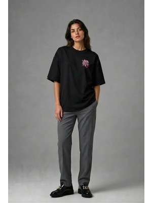 Posh Cabal G02004 Baskılı Oversize Siyah Kadın T-Shirt