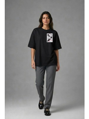 Posh Cabal G02138 Baskılı Oversize Siyah Kadın T-Shirt
