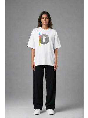 Posh Cabal F02067 Baskılı Oversize Beyaz Kadın T-Shirt