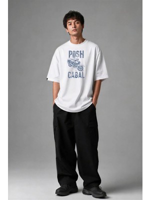 Posh Cabal F03066 Baskılı Oversize Beyaz Erkek T-Shirt