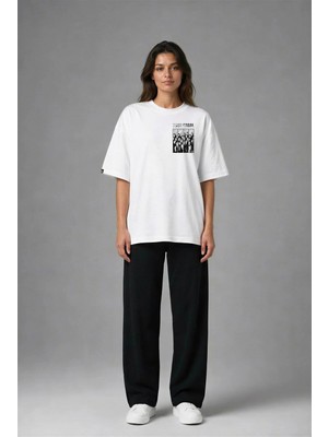 Posh Cabal G03117 Baskılı Oversize Beyaz Kadın T-Shirt