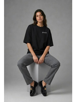 Posh Cabal G02090 Baskılı Oversize Siyah Kadın T-Shirt