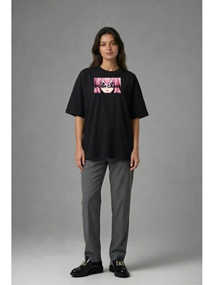 Posh Cabal F02097 Baskılı Oversize Siyah Kadın T-Shirt