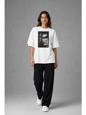 Posh Cabal F03128 Baskılı Oversize Beyaz Kadın T-Shirt