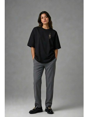 Posh Cabal G02141 Baskılı Oversize Siyah Kadın T-Shirt