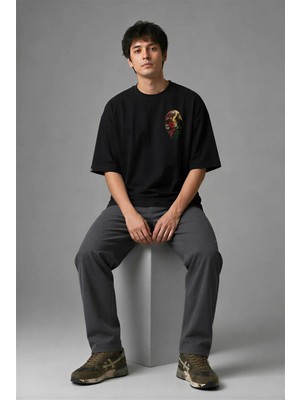 Posh Cabal G01050 Baskılı Oversize Siyah Erkek T-Shirt