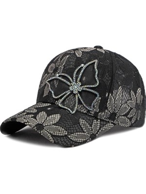 Valkyrie Kadın Siyah Dantel Şapka Taş Işlemeli Çiçek Detaylı Ayarlanabilir Baseball Cap Yazlık Şapka
