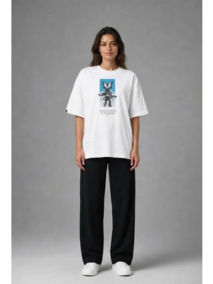 Posh Cabal F03132 Baskılı Oversize Beyaz Kadın T-Shirt