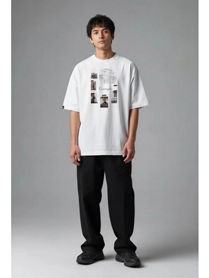 Posh Cabal F03137 Baskılı Oversize Beyaz Erkek T-Shirt