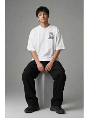 Posh Cabal G03120 Baskılı Oversize Beyaz Erkek T-Shirt