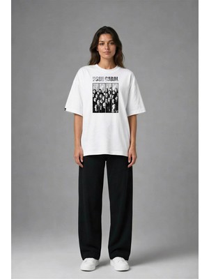 Posh Cabal F03117 Baskılı Oversize Beyaz Kadın T-Shirt