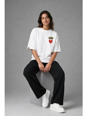 Posh Cabal G02110 Baskılı Oversize Beyaz Kadın T-Shirt