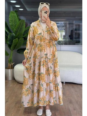Neşeli Butik Kadın Sarı Hakim Yaka Düğmeli Viskon Çiçek Desenli Tesettür Elbise NMS099