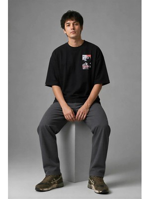 Posh Cabal G01005 Baskılı Oversize Siyah Erkek T-Shirt