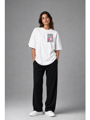 Posh Cabal G03121 Baskılı Oversize Beyaz Kadın T-Shirt