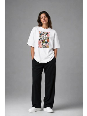 Posh Cabal F03081 Baskılı Oversize Beyaz Kadın T-Shirt