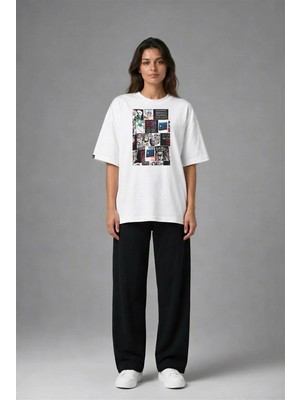 Posh Cabal F03082 Baskılı Oversize Beyaz Kadın T-Shirt