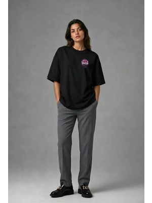 Posh Cabal G01006 Baskılı Oversize Siyah Kadın T-Shirt