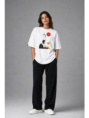 Posh Cabal F02076 Baskılı Oversize Beyaz Kadın T-Shirt