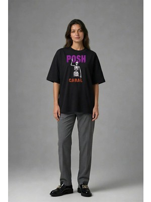 Posh Cabal F02077 Baskılı Oversize Siyah Kadın T-Shirt