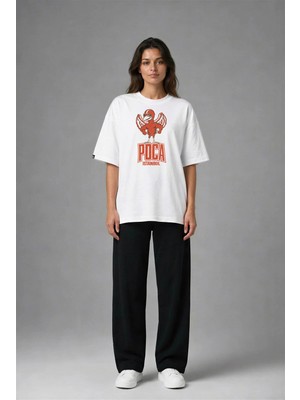 Posh Cabal F03107 Baskılı Oversize Beyaz Kadın T-Shirt