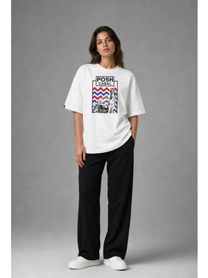 Posh Cabal F03119 Baskılı Oversize Beyaz Kadın T-Shirt