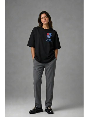 Posh Cabal G02061 Baskılı Oversize Siyah Kadın T-Shirt