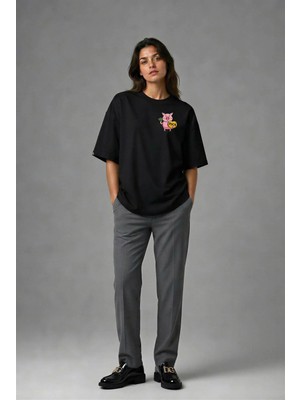 Posh Cabal G02021 Baskılı Oversize Siyah Kadın T-Shirt