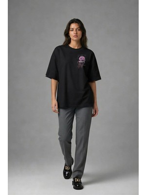 Posh Cabal G02008 Baskılı Oversize Siyah Kadın T-Shirt