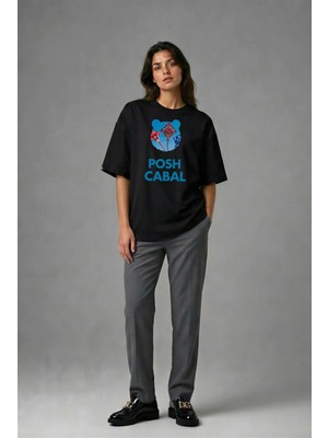 Posh Cabal F02059 Baskılı Oversize Siyah Kadın T-Shirt