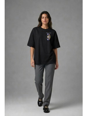 Posh Cabal G01098 Baskılı Oversize Siyah Kadın T-Shirt