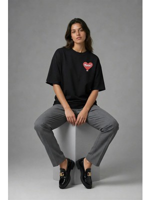 Posh Cabal G02015 Baskılı Oversize Siyah Kadın T-Shirt