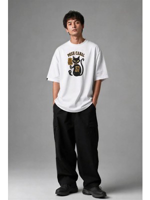 Posh Cabal F03111 Baskılı Oversize Beyaz Erkek T-Shirt