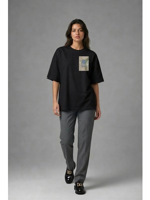 Posh Cabal G02103 Baskılı Oversize Siyah Kadın T-Shirt