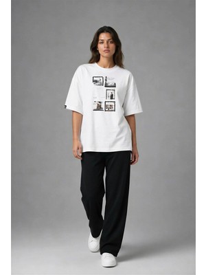 Posh Cabal F03138 Baskılı Oversize Beyaz Kadın T-Shirt