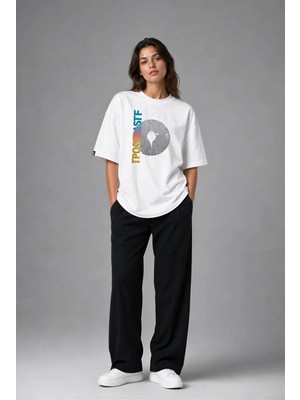 Posh Cabal F02066 Baskılı Oversize Beyaz Kadın T-Shirt