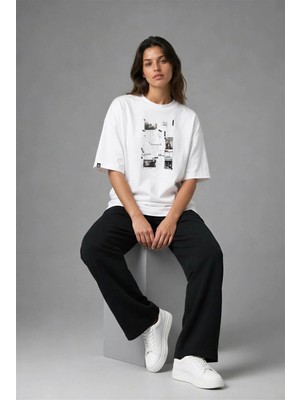 Posh Cabal F03140 Baskılı Oversize Beyaz Kadın T-Shirt
