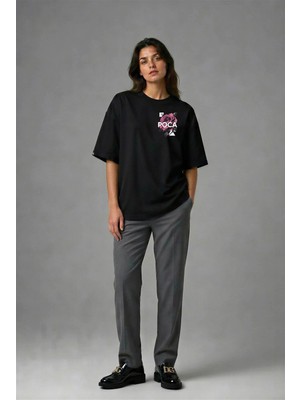Posh Cabal G01014 Baskılı Oversize Siyah Kadın T-Shirt