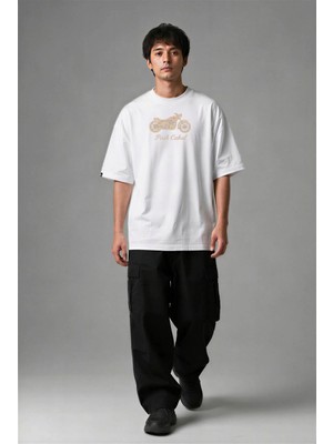 Posh Cabal F02083 Baskılı Oversize Beyaz Erkek T-Shirt