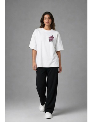 Posh Cabal G02003 Baskılı Oversize Beyaz Kadın T-Shirt