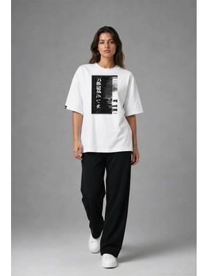 Posh Cabal F03123 Baskılı Oversize Beyaz Kadın T-Shirt